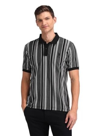 Men's Cotton Regular Striped Polo Shirt, Black/White