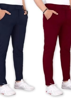 Men's Lycra Slim Fit Trousers Set of 2, Blue/Maroon