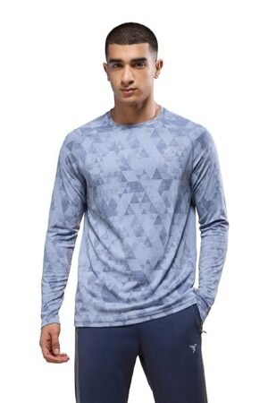 Men's Crew Neck Full Sleeve Printed Jacquard T-Shirt, Light Blue
