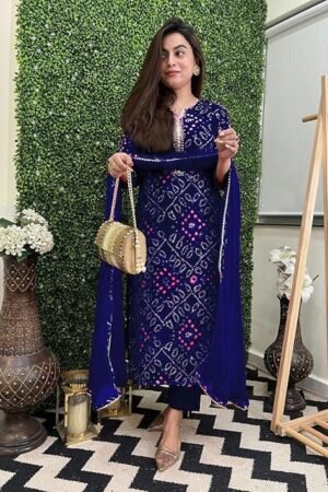 Women's Rayon Viscose Straight Bandhej Printed Kurta with Pant & Dupatta, Blue