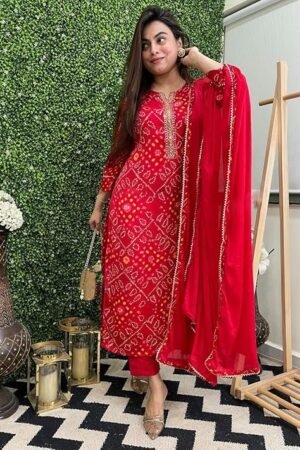 Women's Rayon Viscose Straight Bandhej Printed Kurta with Pant & Dupatta, Red