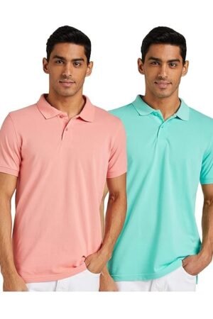 Men's Cotton Rich Solid Polo T-shirt Set of 2, Pink/Green