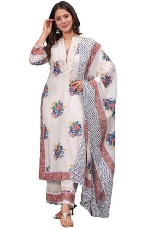Women's Pure Cotton Printed Straight Kurta Set with Dupatta, White