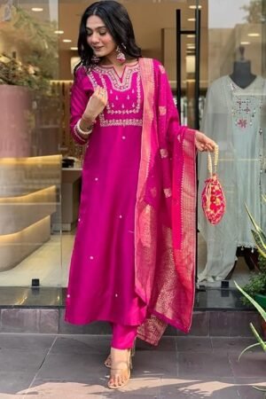 Women's Silk Blend Straight Embroidered Kurta with Pant & Dupatta, Pink