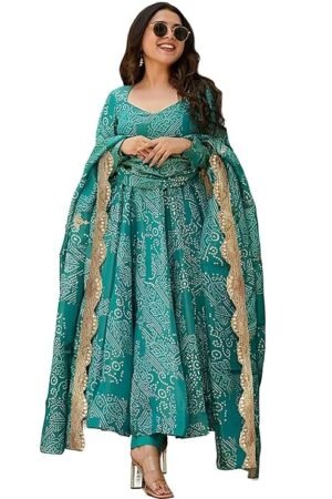 Women's Bandhani Print Flared Anarkali Muslin Kurta Set, Teal Green