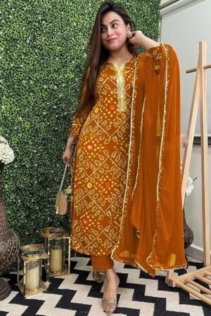 Women's Rayon Viscose Straight Bandhej Printed Kurta with Pant & Dupatta, Mustard