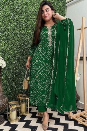 Women's Rayon Viscose Straight Bandhej Printed Kurta with Pant & Dupatta, Green