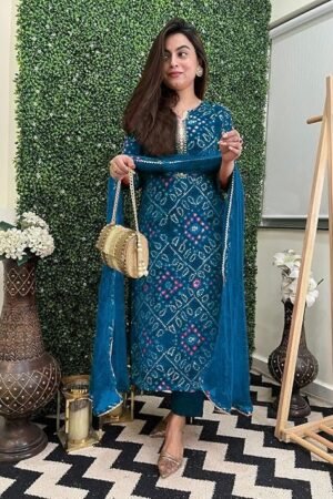 Women's Rayon Viscose Straight Bandhej Printed Kurta with Pant & Dupatta, Dark Blue