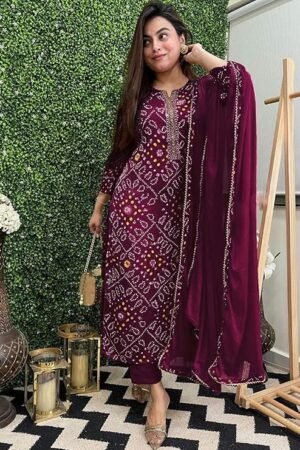 Women's Rayon Viscose Straight Bandhej Printed Kurta with Pant & Dupatta, Wine