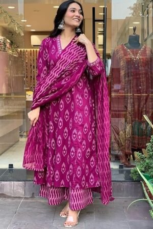 Women Anarkali Kurta and Pant Set With Dupatta, Pink