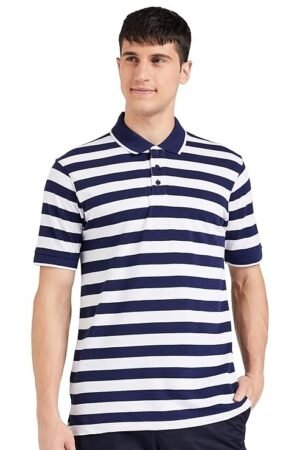 Men's Cotton Rich Striped Polo T-Shirts, White/Blue