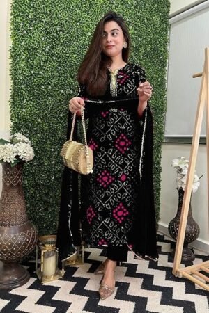 Women's Rayon Viscose Straight Bandhej Printed Kurta with Pant & Dupatta, Black