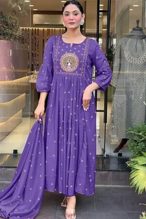 Women Rayon Printed Anarkali Kurta Set with Dupatta, Purple