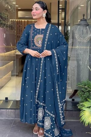 Women Rayon Printed Anarkali Kurta Set with Dupatta, Morepeach