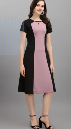 Women A-line Black Below Knee Dress, Purple/Black